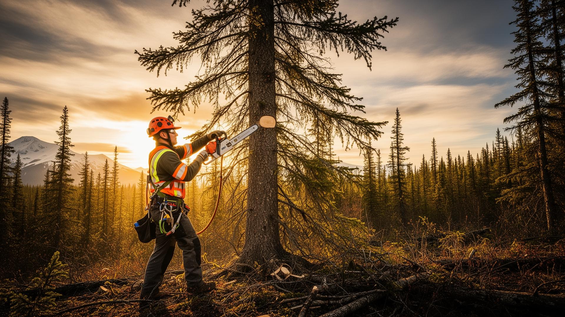 Henry Tree Service arborist removing a tall spruce at sunset in Alaska
